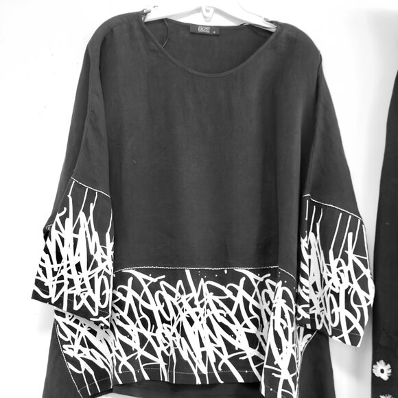 Black Linen Top and Harem Pants Set with White Print & Embroidery New XL or sz 3 - Picture 6 of 16